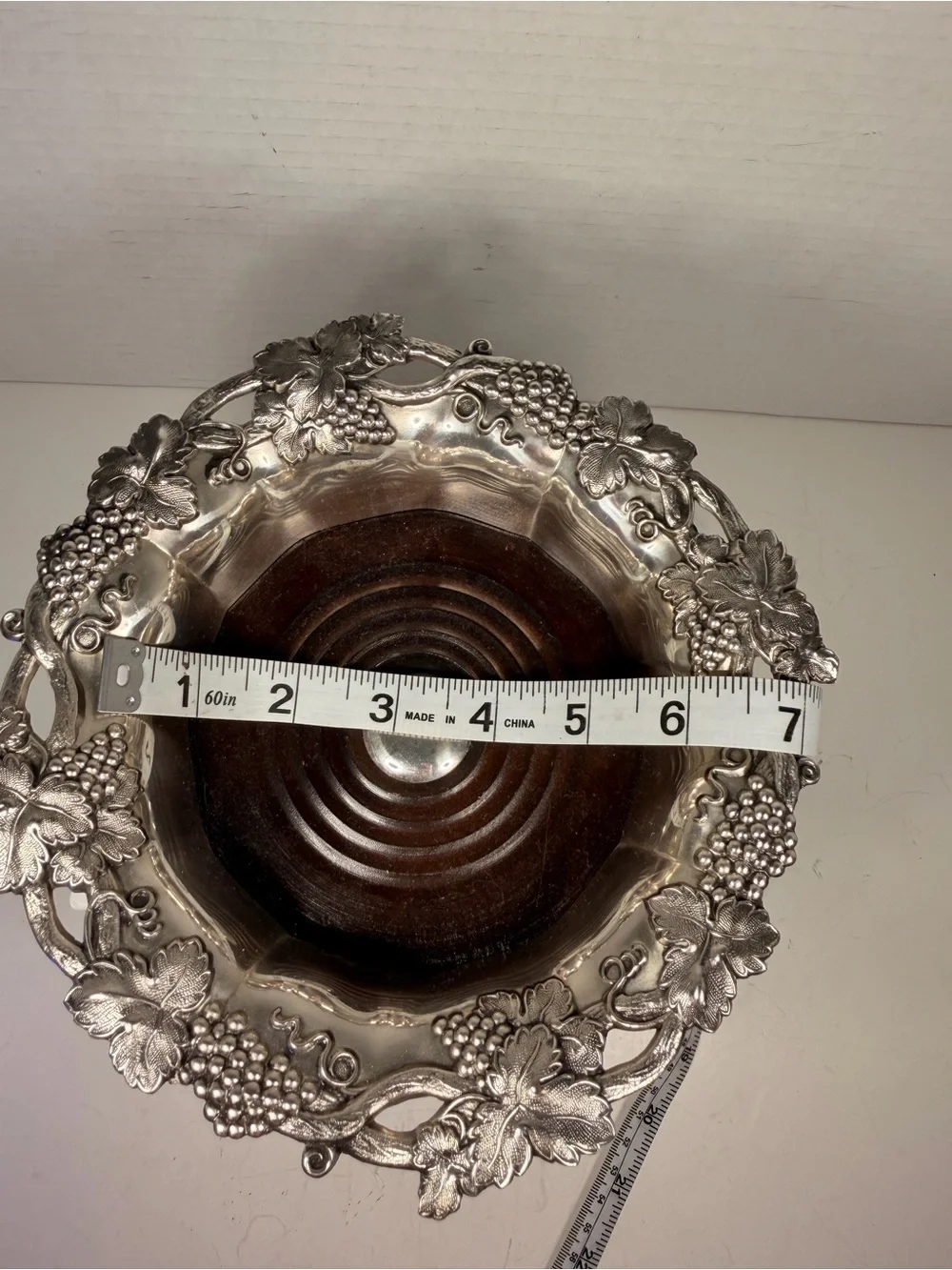 Corbell & Co Vintage Silver Plate Grape Motif Wine Bottle Coaster with Wood